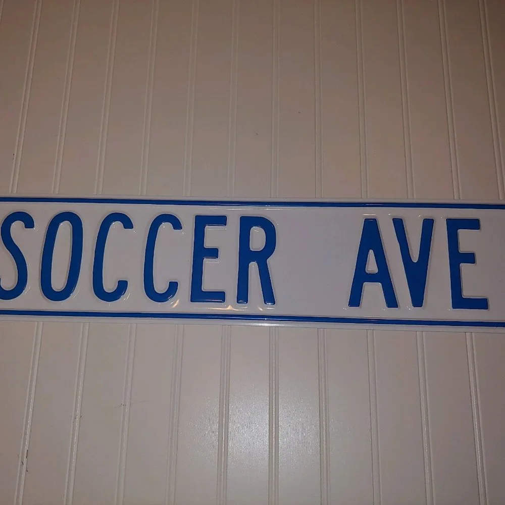 SOCCER AVE. Metal Street Sign - Blue & White - NEW!